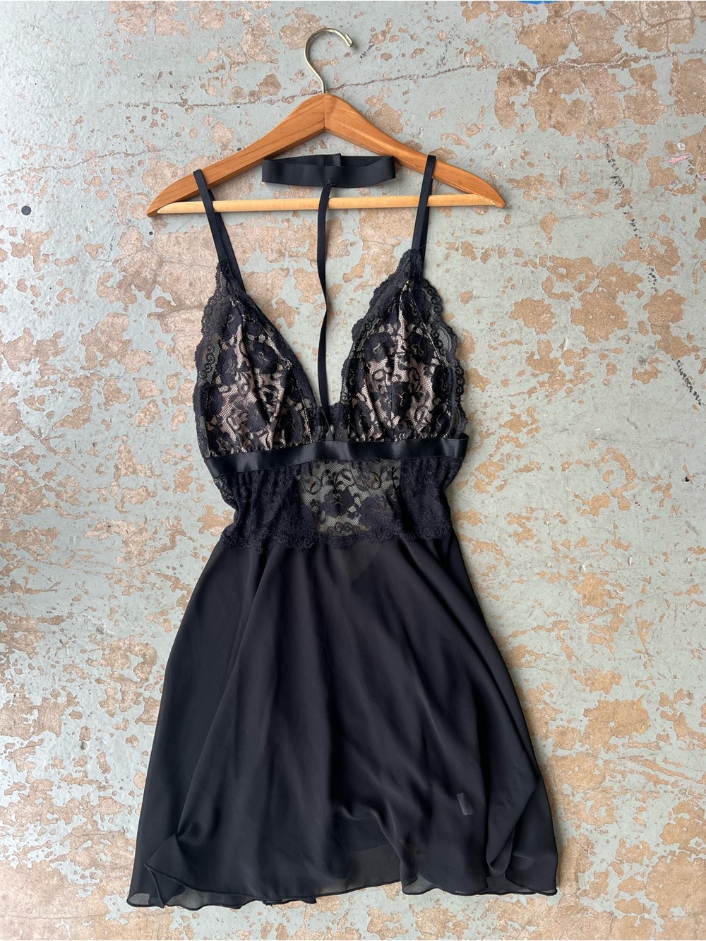 1X Black Lace Babydoll Negligee Lingerie Attached Choker Satin Skirt